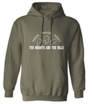 The Heights and The Hills classic logo in white ink printed on a comfy, military green colored, unisex pullover sweatshirt.